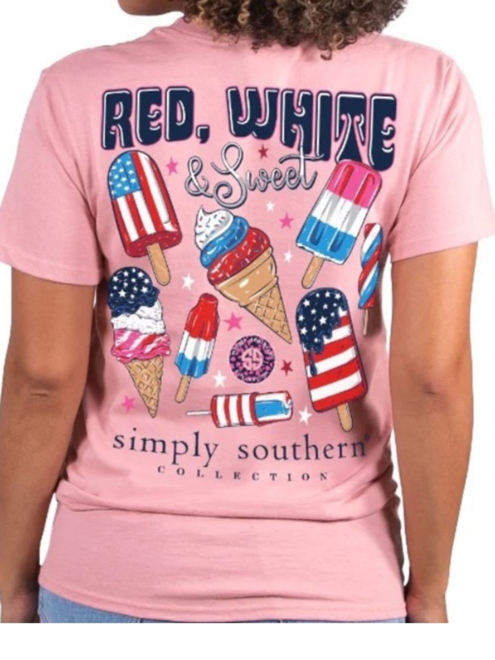 Simply Southern sz Medium Pink Patriotic Red, White & Sweet Ice Cream Tee cotton